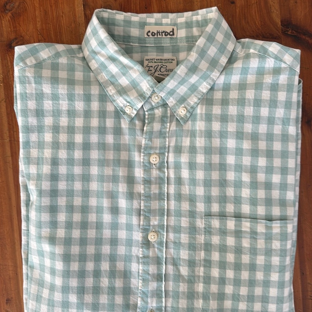 J. Crew Secret Wash cotton poplin shirt in green gingham.